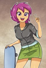 1278733__safe_artist-colon-sumin6301_scootaloo_equestria+girls_clothes_cute_cutealoo_happy_hoodie_looking+at+you_older_open+mouth_peace+sign_skateboard