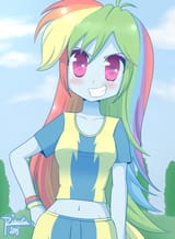874605__safe_artist-colon-riouku_rainbow+dash_equestria+girls_belly+button_blushing_cute_dashabetes_fanfic+art_fanfic+cover_grin_looking+at+you_midriff
