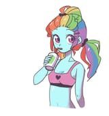 1114812__safe_artist-colon-ikirunosindo_rainbow+dash_equestria+girls_alternate+hairstyle_belly+button_cleavage_clothes_cute_dashabetes_dreadlocks_drink