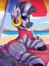 2611528__safe_artist-colon-shadowreindeer_zecora_pony_zebra_g4_beach_beach+towel_beach+umbrella_bikini_blushing_butt_clothes_commission_cute_dock_drinking_drink