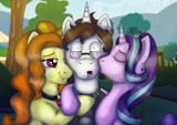3617350__safe_artist-colon-fishiewishes_adagio+dazzle_starlight+glimmer_oc_pony_unicorn_g4_blushing_bust_disguise_disguised+siren_female_gem_glasses_horn_hug_je