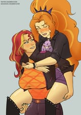 2641199__safe_artist-colon-nire_adagio+dazzle_sunset+shimmer_equestria+girls_g4_blushing_blushing+profusely_boots_clothes_embarrassed_eyes+closed_female_frown_h