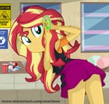 1899631__safe_artist-colon-charliexe_sunset+shimmer_equestria+girls_g4_my+little+pony+equestria+girls-colon-+better+together_awkward_bathroom_clothes_cute_femal