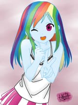 1399513__safe_artist-colon-liniitadash23_rainbow+dash_equestria+girls_anime_clothes_cute_female_moe_one+eye+closed_open+mouth_peace+sign_pleated+skirt_