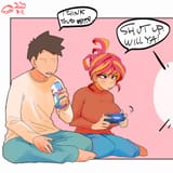 2822716__safe_artist-colon-sozglitch_sunset+shimmer_oc_oc-colon-generic+messy+hair+anime+anon_human_g4_barefoot_big+breasts_breasts_busty+sunset+shimmer_canon+x