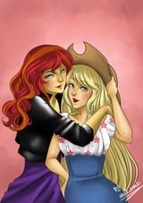 1209698__safe_artist-colon-mio+kurosaki_applejack_sunset+shimmer_equestria+girls_g4_accessory+swap_alternate+clothes_female_hat_hatless_humanized_lesbian_missin