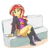 1929919__safe_artist-colon-sumin6301_sunset+shimmer_equestria+girls_g4_boots_clothes_couch_crossed+legs_female_high+heel+boots_high+res_jacket_leather_leather+j
