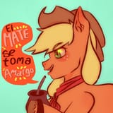 3345024__safe_artist-colon-luchi_miauchi_applejack_earth+pony_pony_g4_blushing_female_mare_mate_neckerchief_open+mouth_patterned+background_solo_spanish_speech+