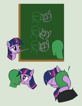 6613677__safe_artist-colon-truthormare_twilight+sparkle_oc_oc-colon-anon_human_pony_aggie-dot-io_blushing_boop_canon+x+oc_chalkboard_diagram_duo_exclamation+poi