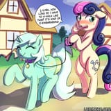 2051550__safe_artist-colon-lumineko_bon+bon_lyra+heartstrings_sweetie+drops_bipedal_blushing_cloud_collar_dialogue_earth+pony_embarrassed_eyes+closed_f