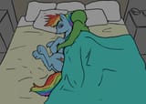 1269993__safe_artist-colon-ara_color+edit_derpibooru+import_edit_rainbow+dash_oc_oc-colon-anon_human_pegasus_pony_bed_colored_cuddling_female_human+on+