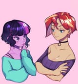 2680117__safe_artist-colon-ikirunosindo_sunset+shimmer_twilight+sparkle_equestria+girls_g4_adorasexy_alternate+hairstyle_bare+shoulders_beautiful_beautisexy_bed