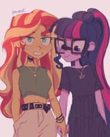 3357286__safe_artist-colon-dreamz_sci-dash-twi_sunset+shimmer_twilight+sparkle_human_equestria+girls_g4_belt_blushing_bracelet_choker_duo_duo+female_ear+piercin