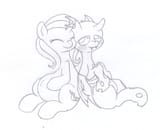 851082__safe_artist-colon-seenty_derpibooru+import_trixie_changeling_pony_unicorn_blushing_cuddling_female_male_mare_monochrome_pencil+drawing_pregnant