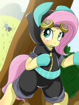1341994__safe_artist-colon-umejiru_derpibooru+import_fluttershy_trixie_pegasus_pony_unicorn_magic+duel_bipedal_blushing_bunny+ears_clothes_costume_cryi