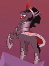 793336__safe_alternate+timeline_animated_cape_clothes_crystal+war+timeline_derpibooru+import_evil+laugh_king+sombra_laughing_majestic_raised+hoof_scree