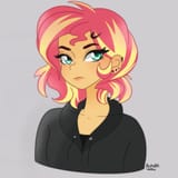 2591232__safe_artist-colon-rapunzelights_sunset+shimmer_equestria+girls_g4_alternate+hairstyle_bust_clothes_ear+piercing_earring_eyelashes_female_frown_gray+bac