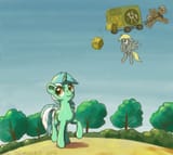 1501933__safe_artist-colon-el-dash-yeguero_derpy+hooves_lyra+heartstrings_accident_crate_falling_female_flying_male_mare_pegasus_pony_stallion_unicorn