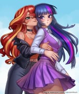 3595274__suggestive_artist-colon-racoonsan_sunset+shimmer_twilight+sparkle_human_equestria+girls_g4_2d_bangs_bedroom+eyes_belly_belly+button_blushing_breasts_bu