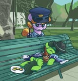3206746__safe_artist-colon-plunger_copper+top_oc_oc-colon-filly+anon_pony_-fwslash-mlp-fwslash-_4chan_4chan+cup+scarf_bench_bottle_clothes_drawthread_female_fil