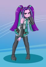 2591189__safe_artist-colon-mew-dash-me_aria+blaze_human_equestria+girls_g4_ariatsune+miku_blushing_clothes_clothes+swap_cosplay_costume_female_frown_hand+on+che