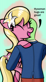 3333028__safe_artist-colon-scandianon_lily+valley_oc_oc-colon-anon_earth+pony_human_pony_g4_dialogue_eyes+closed_female_holding+a+pony_hug_male_mare_open+mouth_