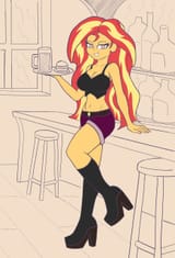 3244835__safe_artist-colon-peel_a_na_sunset+shimmer_human_equestria+girls_g4_alcohol_beer_belly+button_boots_breasts_burger_busty+sunset+shimmer_clothes_female_
