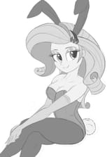 1255426__suggestive_artist-colon-raps_rarity_equestria+girls_arm+boob+squeeze_beautiful_bedroom+eyes_breasts_bunny+suit_cleavage_clothes_crossed+legs_c