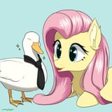 3212529__safe_artist-colon-nutellaenjoyer_fluttershy_bird_duck_pegasus_pony_blue+background_happy_necktie_simple+background