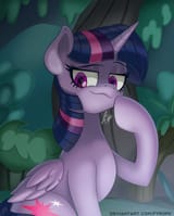 2375550__safe_artist-colon-pyropk_mean+twilight+sparkle_alicorn_pony_female_folded+wings_forest_hoof+on+cheek_lidded+eyes_mare_smiling_smug_solo_tree_wings