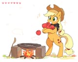 3150140__safe_artist-colon-fuyugi_applejack_earth+pony_pony_apple_bipedal_campfire_cooking_female_fire_food_freckles_heart_mare_open+mouth_open+smile_simple+bac