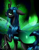 580088__safe_artist-colon-crazyaniknowit_derpibooru+import_queen+chrysalis_changeling_changeling+queen_female_looking+back_raised+hoof_solo