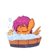 2875520__safe_artist-colon-fanzeem_scootaloo_pegasus_pony_bubble+bath_eyes+closed_female_filly_foal_rubber+duck_simple+background_solo_white+background