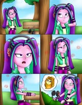 3624362__safe_artist-colon-jerrydestrtoyer_adagio+dazzle_aria+blaze_human_equestria+girls_g4_comic_female_headphones_hypnosis_hypnotized_open+mouth_outdoors_smi