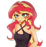 3529755__safe_artist-colon-pulse_sunset+shimmer_human_equestria+girls_g4_bare+shoulders_blue+eyes_boob+window_breasts_cleavage_clothes_collarbone_dress_female_l