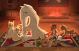 6279277__safe_artist-colon-snspony_oc_oc+only_oc-colon-cirrus+wisp_pony_colt_comb_female_filly_fire_fire+pit_long+hair_male_mare_mouth+hold_rug_sitting_smiling_