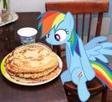 1452413__safe_rainbow+dash_solo_pony_photo_food_irl_sitting_artist+needed_chair_ponies+in+real+life_russian_looking+at+something_pancakes_sour+cream_