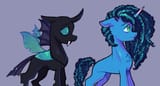 3256045__safe_artist-colon-kreeeeeez_misty+brightdawn_thorax_changeling_pony_unicorn_g4_g5_chest+fluff_colored_concave+belly_curly+mane_curly+tail_duo_eyelashes