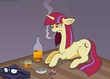 1000506__safe_artist-colon-hellarmy_moondancer_pony_alcohol_ashtray_bottle_cigarette_female_glasses+off_hairband_loose+hair_ms+paint_sitting_smoking_solo