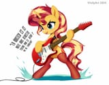 3317267__safe_alternate+version_artist-colon-vinilyart_sunset+shimmer_pony_unicorn_g4_bipedal_clothes_electric+guitar_female_guitar_high+res_horn_mare_musical+i