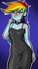 3607290__safe_artist-colon-nolyanimeid_rainbow+dash_human_equestria+girls_g4_2d_bangs_black+dress_blue+background_blue+eyeshadow_blushing_breasts_choker_cleavag