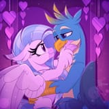 3573999__safe_artist-colon-thewandie_gallus_silverstream_classical+hippogriff_griffon_hippogriff_g4_arm+behind+back_beak_blue+eyes_blue+feathers_caress_crest_cu