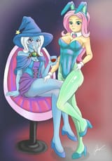 2339261__suggestive_artist-colon-jennobasilicum_fluttershy_trixie_equestria+girls_g4_alcohol_armpits_blushing_breasts_bunny+ears_bunny+suit_cleavage_clothes_cor