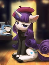 3194717__safe_artist-colon-flvski_rarity_pony_unicorn_beatnik+rarity_beret_clothes_cup_cute_ear+fluff_female_glowing_glowing+horn_hat_horn_levitation_looking+at