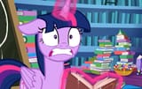 1469932__safe_derpibooru+import_screencap_twilight+sparkle_twilight+sparkle+(alicorn)_alicorn_pony_best+gift+ever_book_candy_chalkboard_female_food