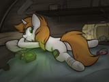 3365968__safe_artist-colon-aaathebap_derpibooru+import_oc_oc-colon-littlepip_unicorn_fallout+equestria_bag_bandage_bed_fallout_horn_image_looking+back_