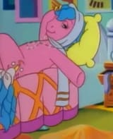 2865557__safe_screencap_melody_earth+pony_pony_g1_my+little+pony+tales_the+play27s+the+thing_bed_bedroom_bedroom+eyes_bracelet_clothes_female_jewelry_lying+down