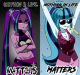 3346587__safe_artist-colon-nekojackun_aria+blaze_sonata+dusk_human_equestria+girls_g4_2d_armpits_bangs_belly+button_breasts_cleavage_clothes_confetti_contrast_c