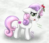 1617104__safe_artist-colon-joakaha_sweetie+belle_pony_unicorn_g4_christmas_cutie+mark_dialogue_female_filly_holiday_looking+at+you_mistletoe_open+mouth_signatur