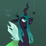 3458325__safe_artist-colon-beyhr_queen+chrysalis_changeling_pony_spider_g4_crown_fangs_gradient+background_insect+wings_jewelry_ponytober_ponytober+2024_regalia